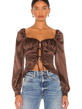 MAJORELLE Brown Satin Lace-Up Square Neck Blouse